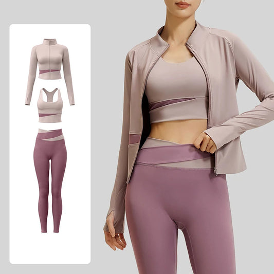 Women’s 3-Piece Colorblock Activewear Set – High-Waist Leggings, Sports Bra & Zip-Up Yoga Jacket | Breathable Quick-Dry Workout Set