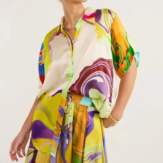 Effortlessly Silk Made Printed Dress/Colored Women Dress/Loose Fit Short Sleeves Shirt Top/Turn Down Collar skirt/2 Piece Sets Set/Tatting Craft.