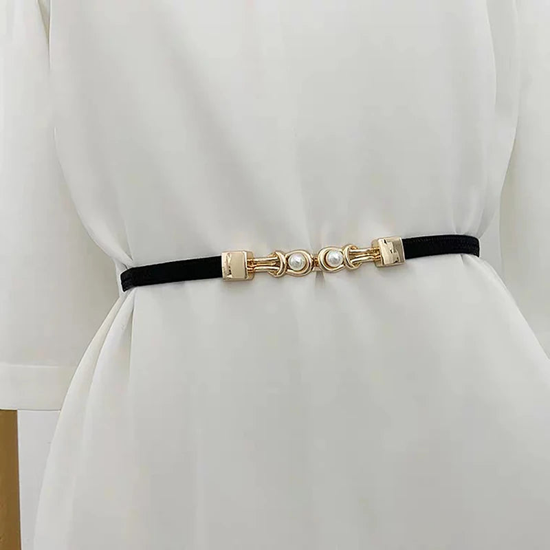 Elegant Double Pearl’s/Elastic Buckle Women Belt’s/Black Thin Straps Lady Girl Dress Skirt Decor Waistbands.