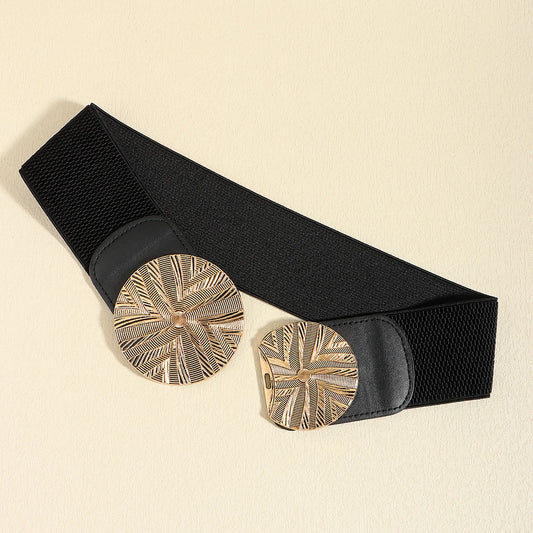 Luxury Wide Elastic Waist Belt for Women – Gold Statement Buckle Stretch Fashion Belt