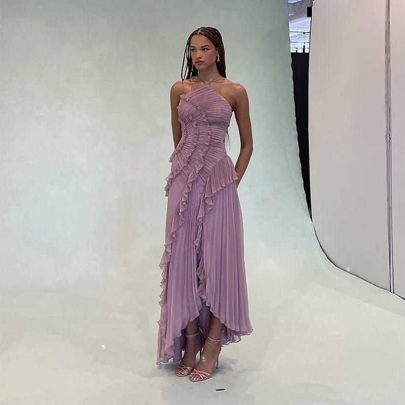 Chic Style Lotus Edge Maxi Dress/Slim Fitted Ankle Length Dress/Backless Lace Up/Elegant Floral Halter Sleeveless Robes.