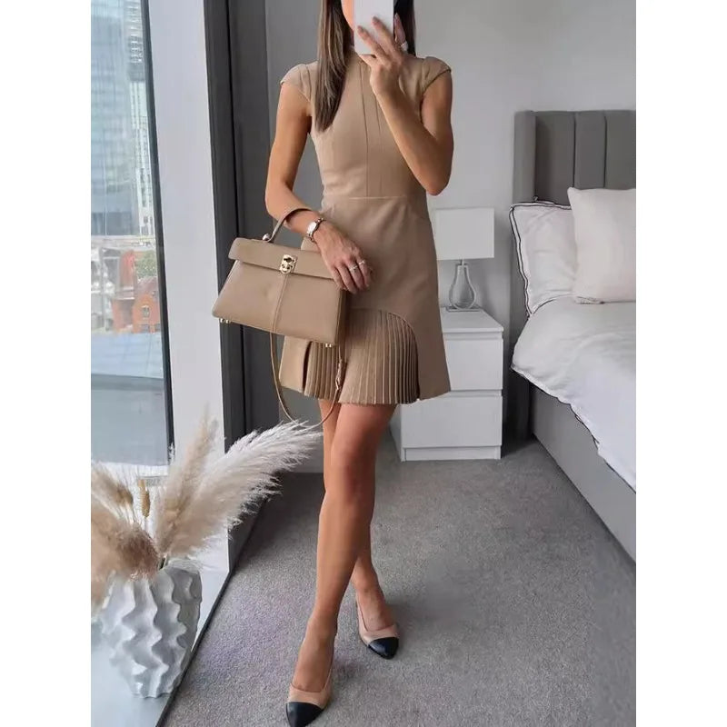 Military Pleated Cap Sleeve Dress/High Neck Patchwork Pleated Hem Mini Dress/A-Line Sleeveless Tassel Dress.