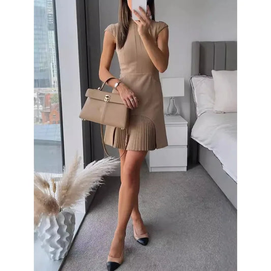 Military Pleated Cap Sleeve Dress/High Neck Patchwork Pleated Hem Mini Dress/A-Line Sleeveless Tassel Dress.