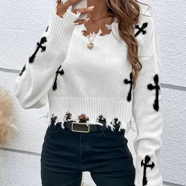 Cozy Cross Pattern Drop Shoulder Crop Sweater/V~Neck Sweater/Distressed Ripped Long Sleeved Sweater.
