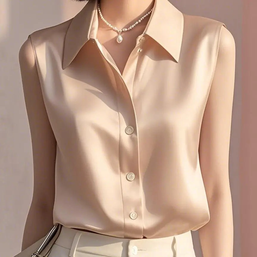 Sleeveless Satin Blouse for Women – Elegant Button-Front Top
