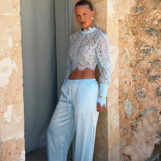 Timeless Lace Two-Piece Set | Elegant Cropped Lace Top & Wide-Leg Pants