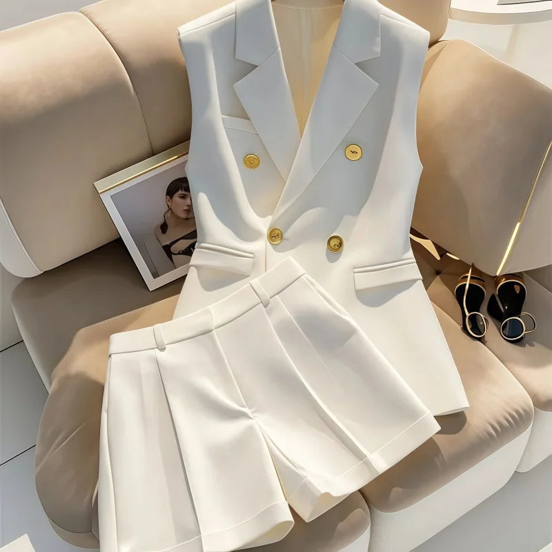 Exquisite White Sleeveless Blazer & Shorts Set with Gold Button’s/Admirable Women's Business Casual Suit.