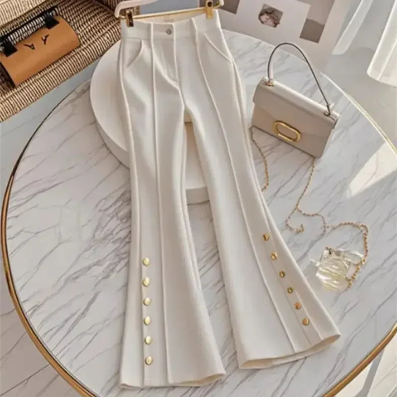 New Luxury Slim Pant’s/High End Fashion Design Button’s/Elegant White Flared Trouser’s/High Waist Lady Bottom Wear.
