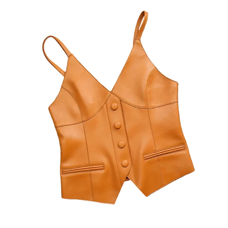 Luxury Genuine Sheepskin Leather Vest for Women – Tailored V-Neck Button Front Streetwear Top (Black, Camel, Green, Purple, Orange, Khaki)