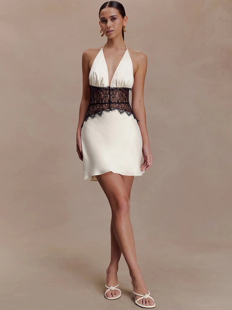 Elegant Lace Patchwork Halter Mini Dress – Luxury Backless Deep V-Neck Sleeveless Party Dress for Women | Timeless Chic Evening Look