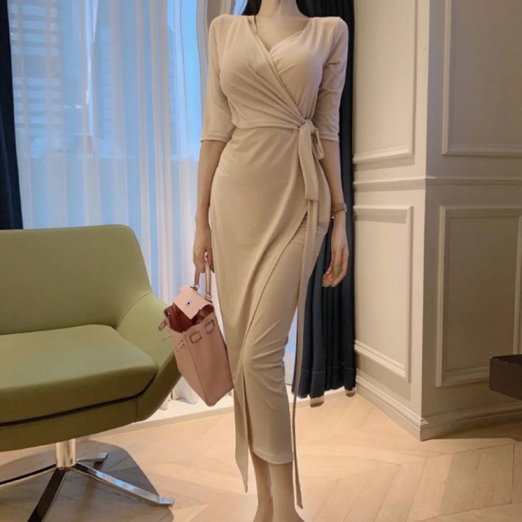 Slimming V-Neck Belted Maxi Dress.