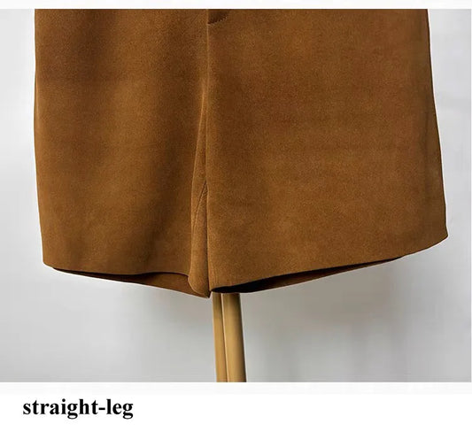 Sheepskin Real Suede Leather Shorts for Women – Genuine Leather Slimming Straight-Leg Mid-Waist Trousers in Coffee Brown | Fall Fashion