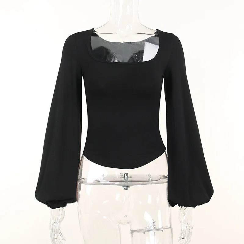Stunning Black Puffy Blouse/Square Collar Slim Solid T-shirt. Stretched Sized Blended Fabric.