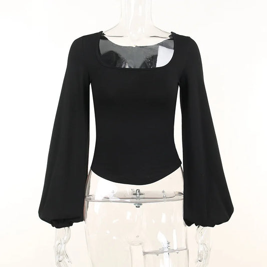 Stunning Black Puffy Blouse/Square Collar Slim Solid T-shirt. Stretched Sized Blended Fabric.