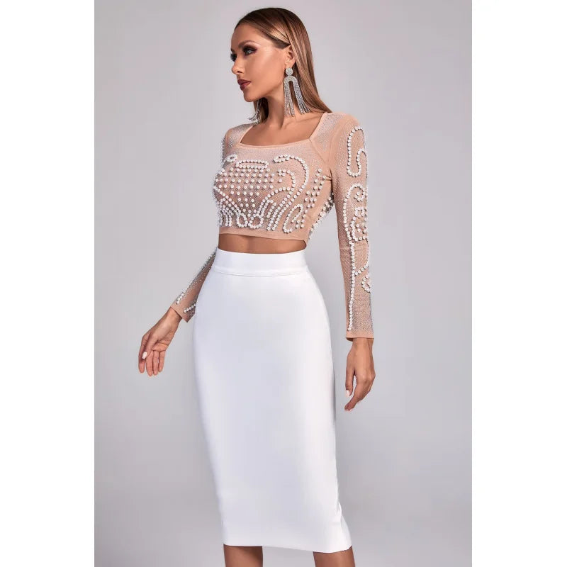 Luxe Pearl Embellished Crop Top & Midi Skirt Set