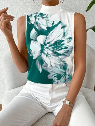 New Emery Rose Flower Print Blouses/2025 Style/Fashion/Sleeveless/Turtleneck Blouse Tops/Synthetic Fiber.