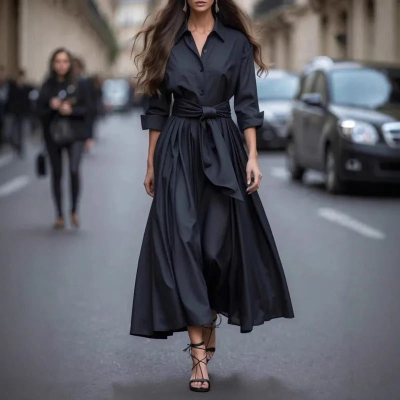 Elegant Single Breasted Bowknot Dress/Model Designed Irregular Fit/Long Sleeve Solid Maxi Dress.