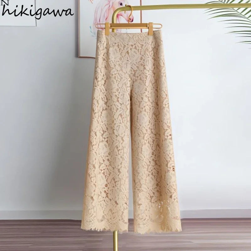 Elegant Lace Wide-Leg Trousers – High-Waist Solid Color Pants for Women | Summer Loose Straight Leg Bottoms | Modern Blend Boutique