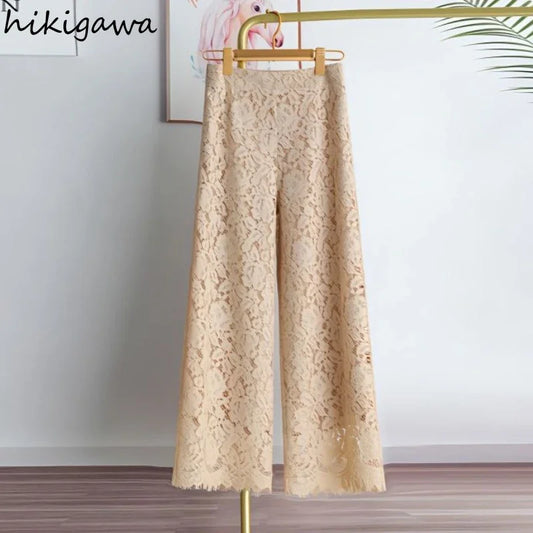 Elegant Lace Wide-Leg Trousers – High-Waist Solid Color Pants for Women | Summer Loose Straight Leg Bottoms | Modern Blend Boutique