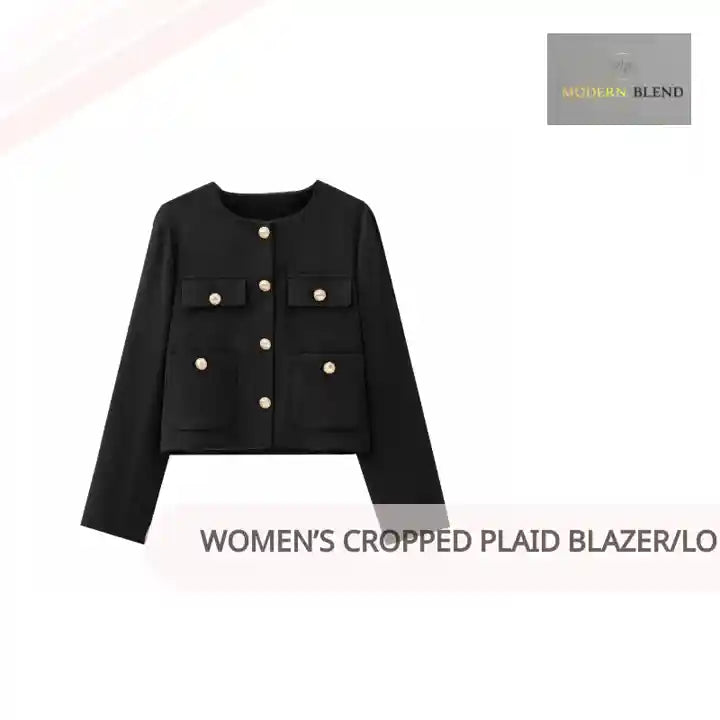 Women&rsquo;s cropped plaid blazer/Long sleeved vintage blazer. Adjusted round neck. Short sized in length, polyester material. Best used for Holiday event. by@Outfy